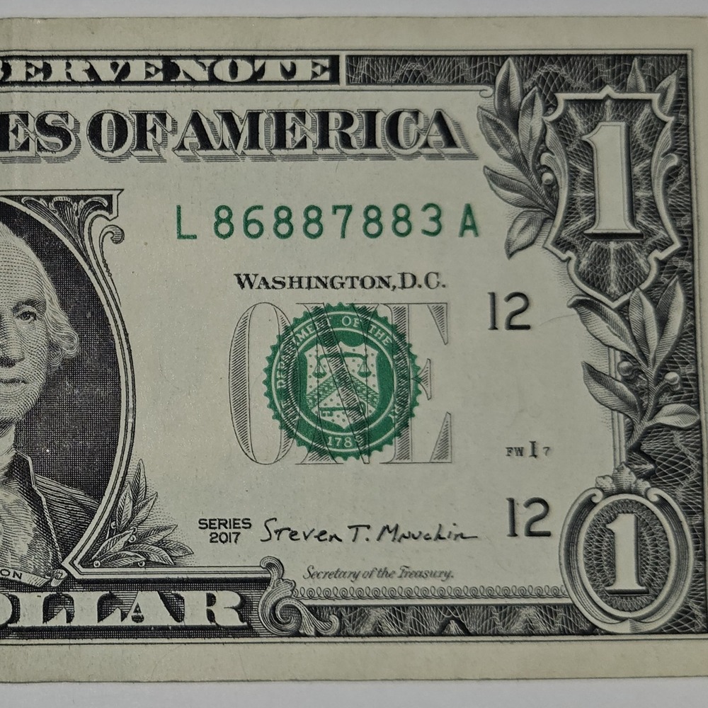 2017 One Dollar Bill‎ 5-of-a-kind Fancy Serial Number L86887883A (B328)